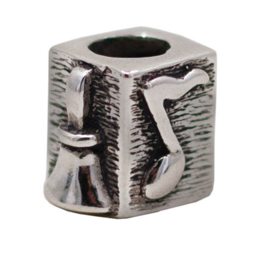 Alt text: Sterling silver Pandora-style square charm bead with handbell and musical note designs on a textured four-sided surface, handcrafted in Arizona