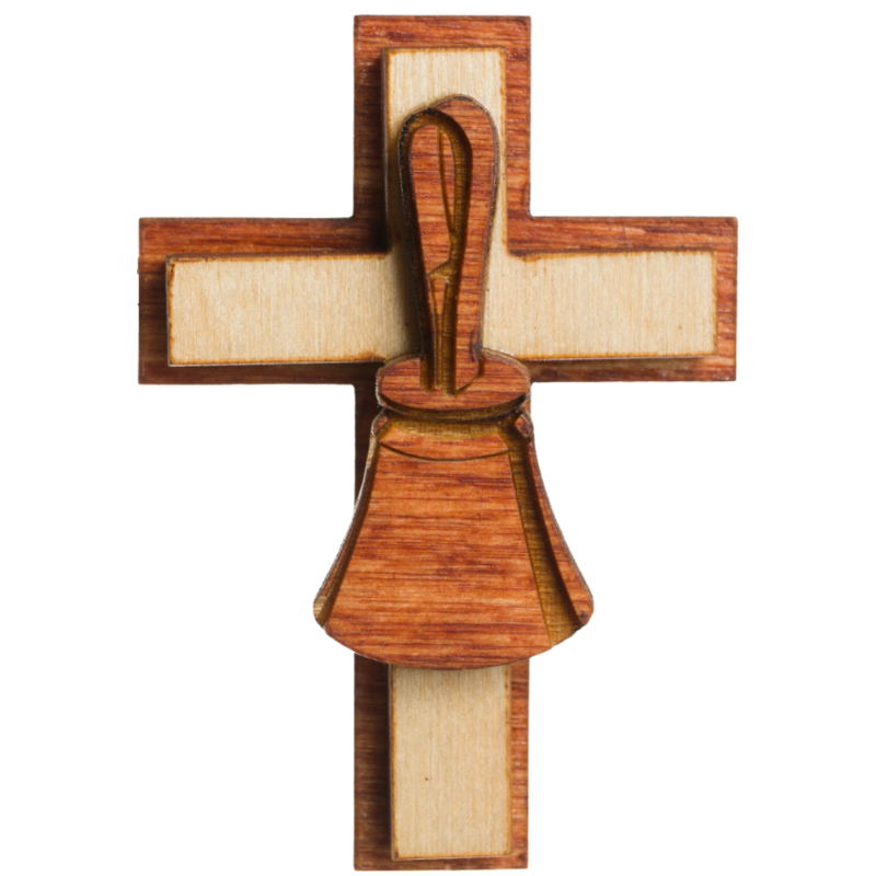 Little Wooden Cross Magnet – Handbell design, three-layer stained birch wood with laser-cut detail, handcrafted in Indiana