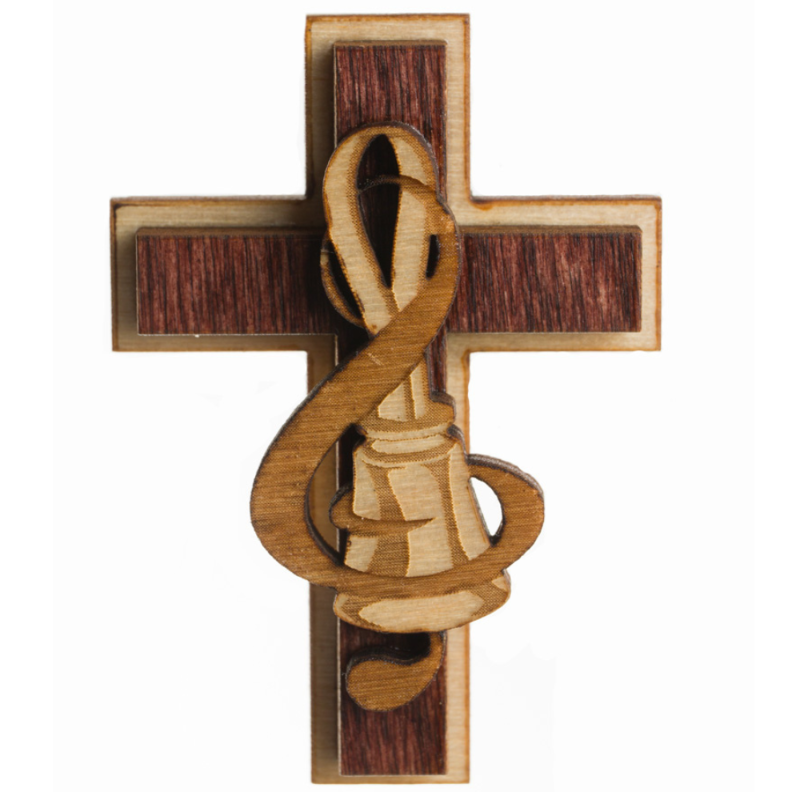 Little Wooden Cross Magnet - Handbell and Treble Clef
