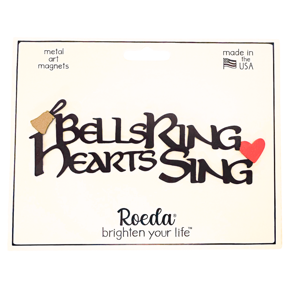 Bells Ring, Hearts Sing metal art magnet on its Roeda packaging card.
