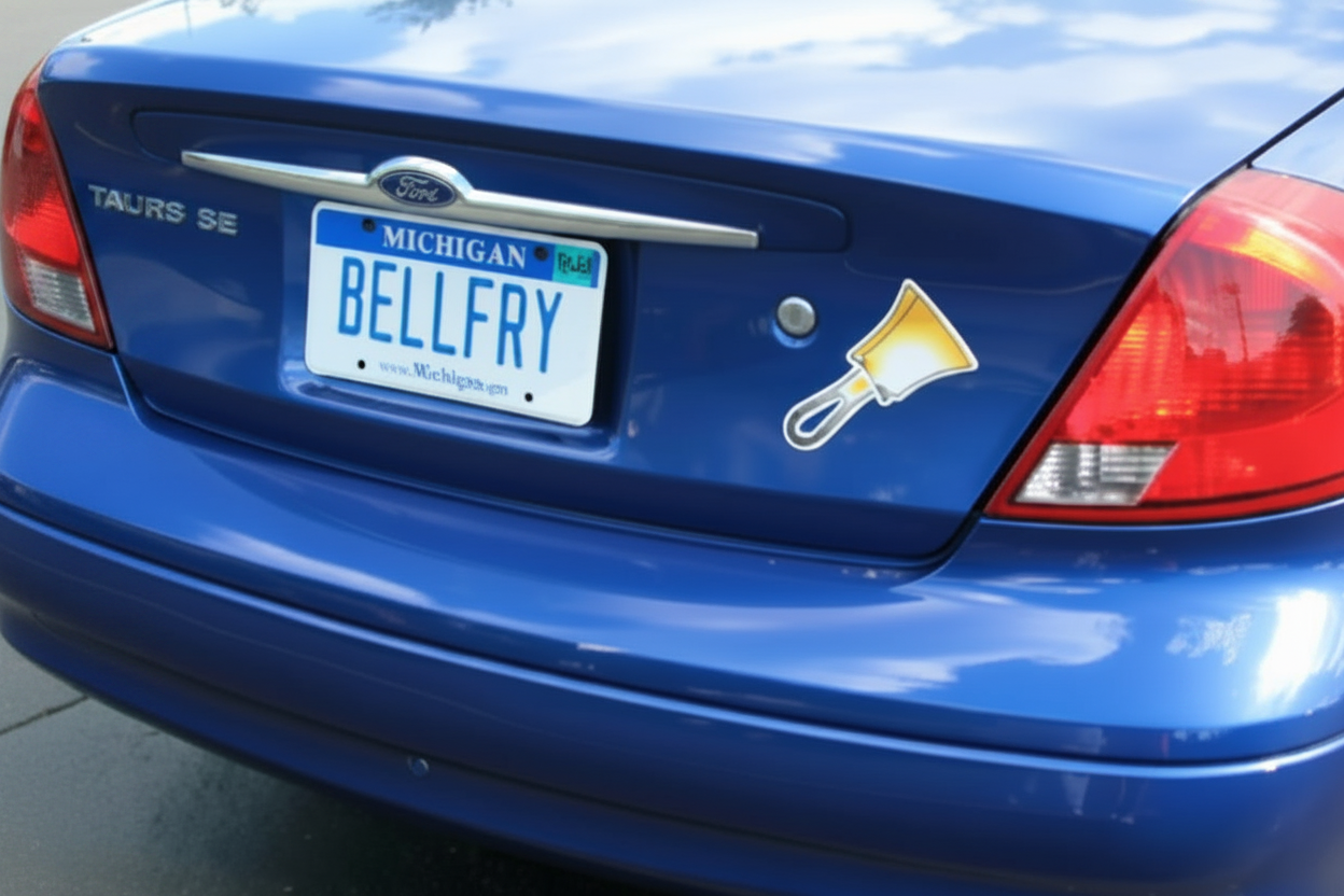 Handbell vehicle magnet on car trunk with BELLFRY license plate