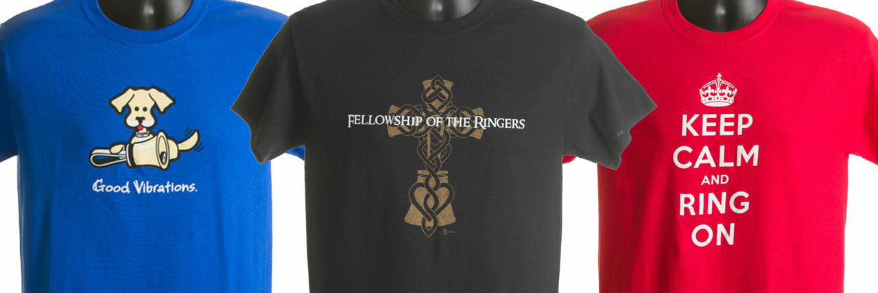 Three T-shirts about ringing, in three colors.  The first is blue, with a cute dog and a bell, and the text "Good Vibrations".  The second is black shirt with a Celtic design reading "Fellowship of the Ringers".  The third is red: "Keep Calm and Ring On".