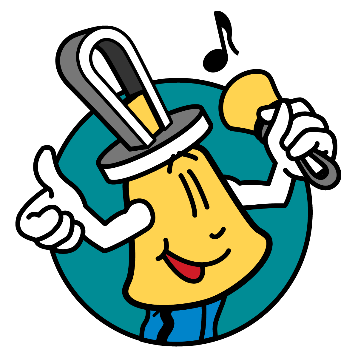 Bellman character decal — cartoon handbell with top hat and thumbs-up, teal circular background