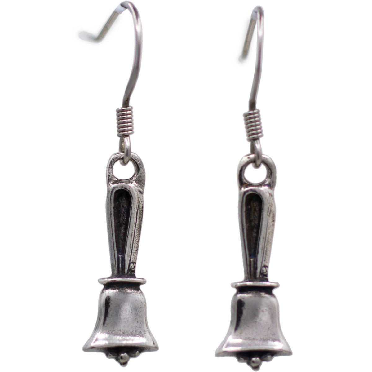 Pewter handbell earrings handcrafted by Danforth Pewter, Middlebury Vermont — French wire style, lead-free pewter