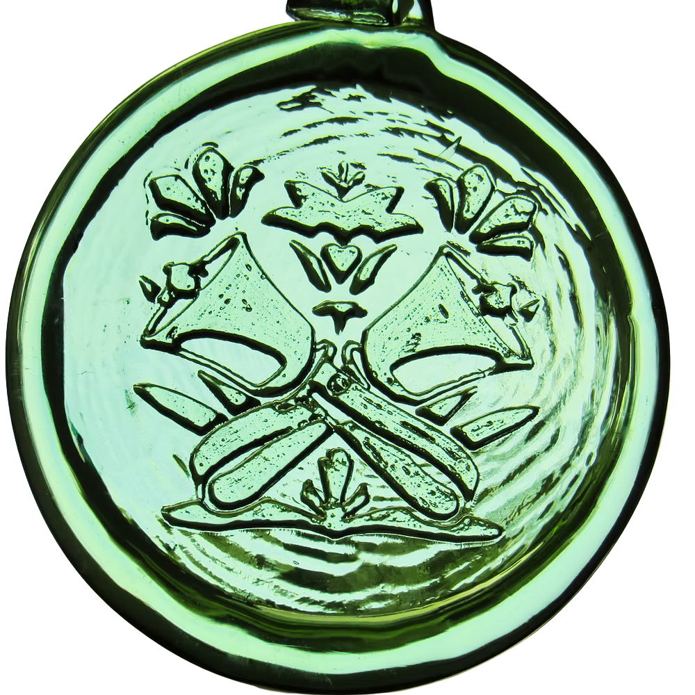 Green image: Handbell Glass Medallion – "Bells in the Garden" in Green, handcrafted blown glass suncatcher