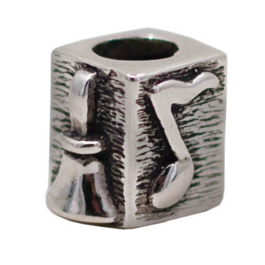 Alt text: Sterling silver Pandora-style square charm bead with handbell and musical note designs on a textured four-sided surface, handcrafted in Arizona

