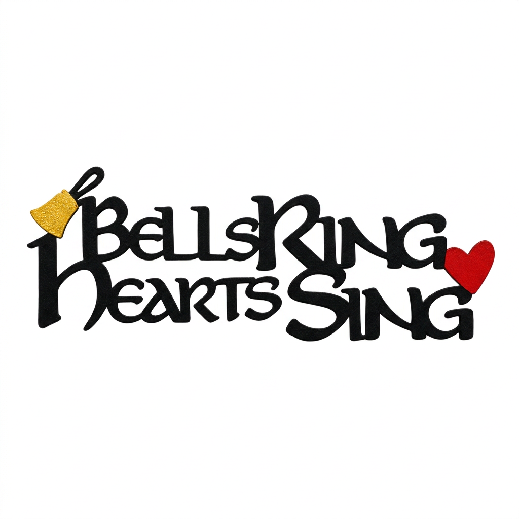 Bells Ring, Hearts Sing metal art magnet with black lettering, a gold handbell, and a red heart.