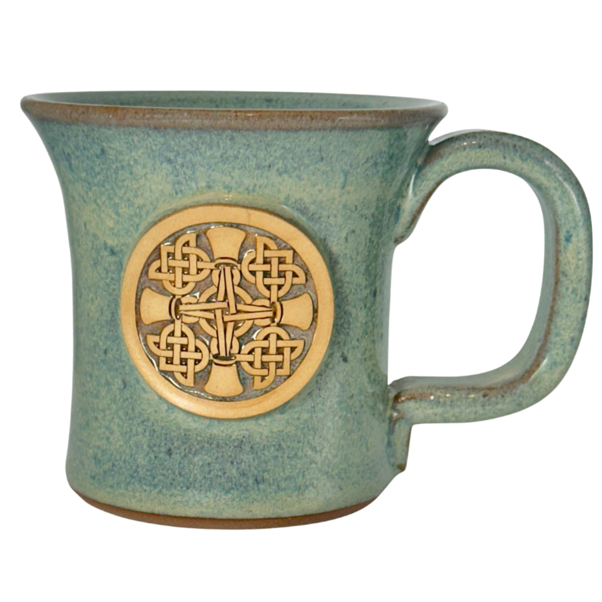 Handbell stoneware mug in Robin's Egg glaze with raised Celtic Bells medallion, hand-thrown by Sunset Hills Stoneware