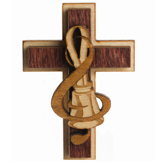 Little Wooden Cross Magnet - Handbell and Treble Clef