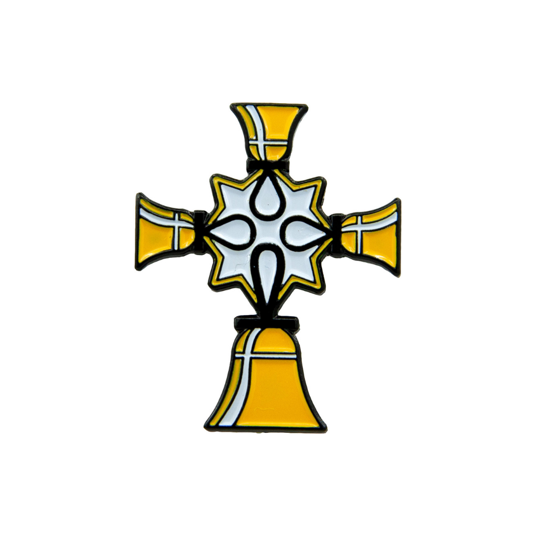 Cloisonné Handbell Cross Pin – gold and yellow enamel, handbell handles meeting at center, approx. 1 inch