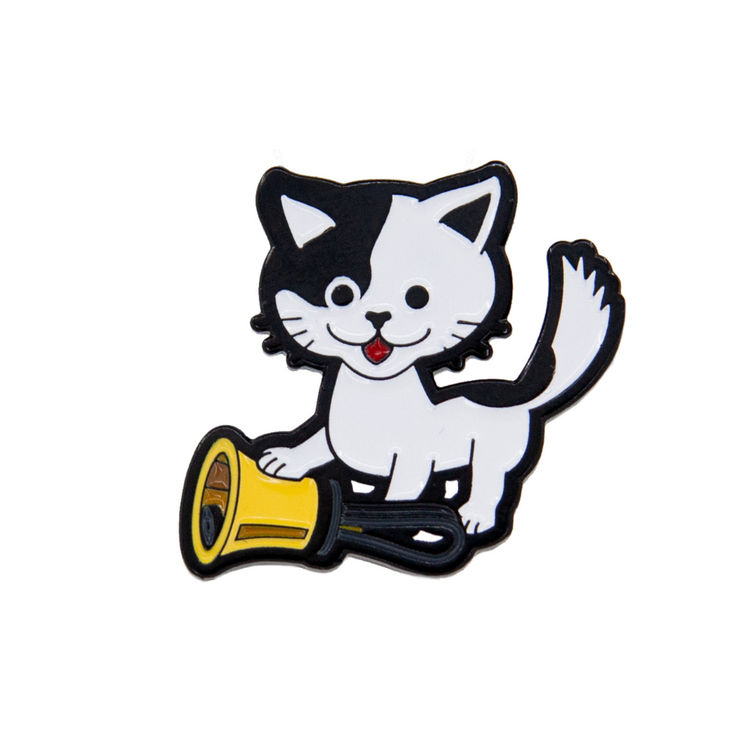 Cloisonné Cat Pin – black, white, and gold enamel, approx. 1 inch"