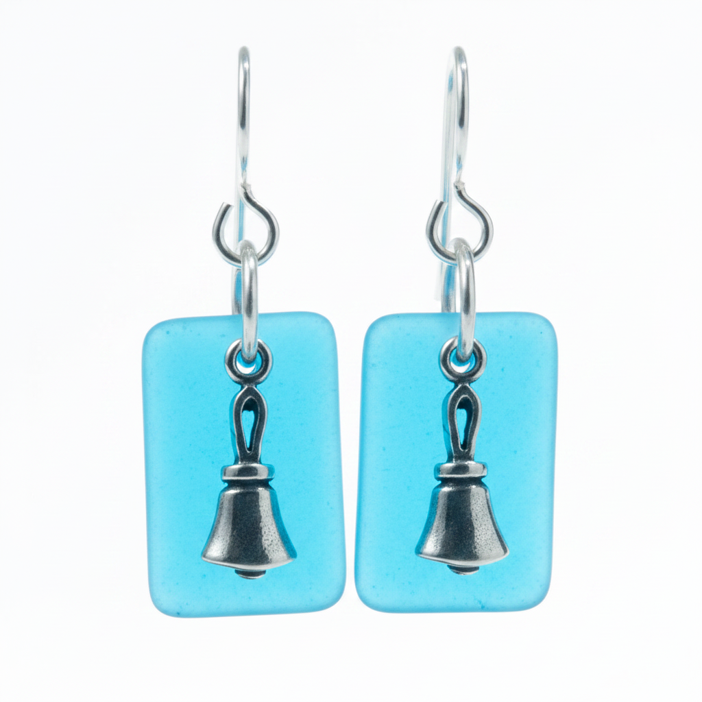 Handbell earrings with translucent turquoise glass and sterling silver charm