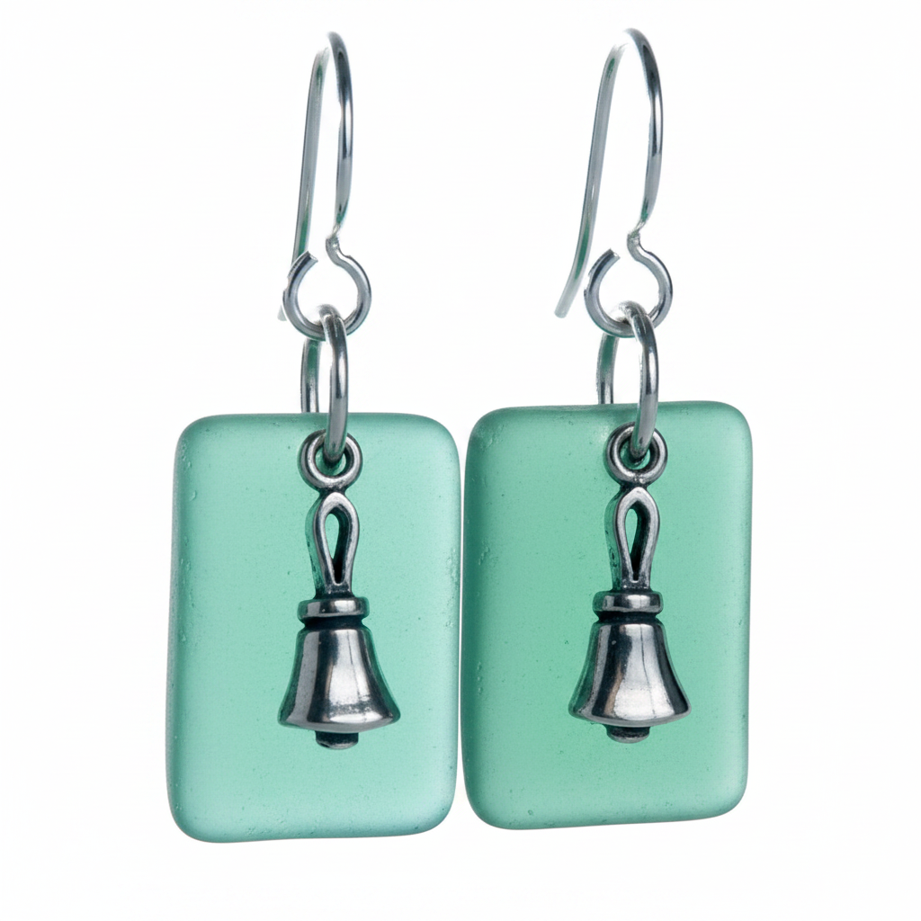 Handbell earrings with translucent capri blue glass and sterling silver charm