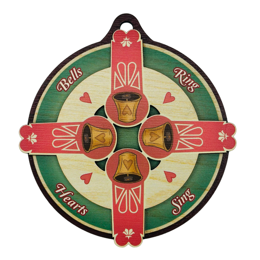 Tim Weberding ‘Bells Ring, Hearts Sing’ round wooden ornament featuring four English handbells and colorful decorative details