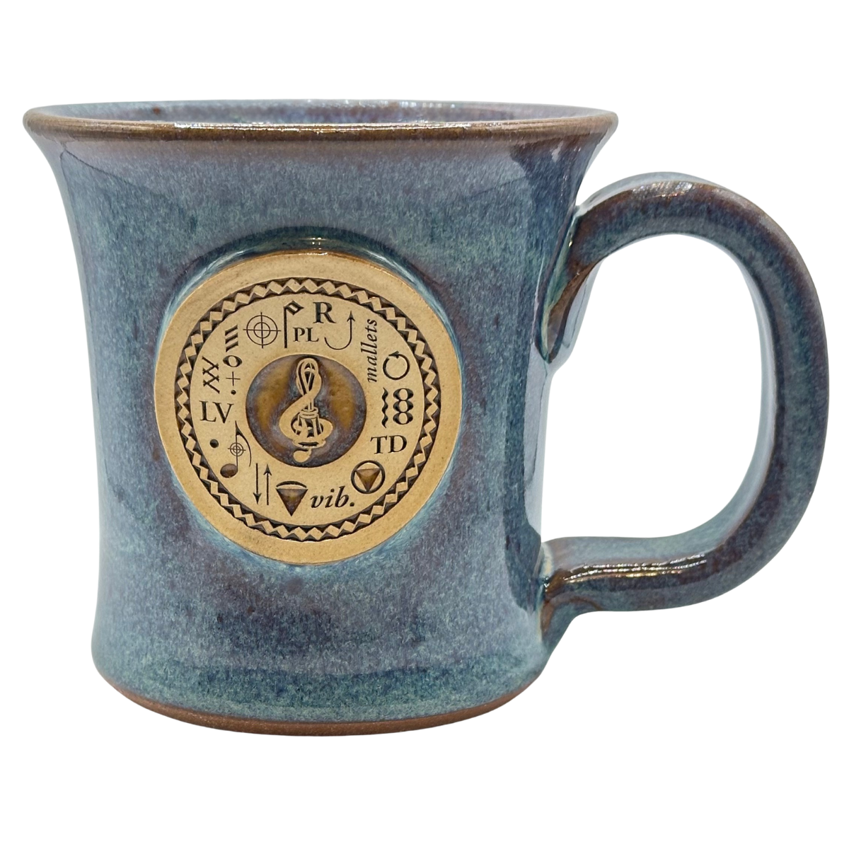 Handbell stoneware mug in Stormy Blue glaze with raised Techniques medallion, hand-thrown by Sunset Hills Stoneware