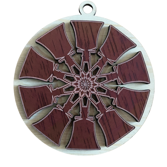 Wooden handbell snowflake ornament by Tim Weberding – Edition 9, laser-cut 2-layer stained wood with a symmetrical ring of handbells, reddish-brown stain, 3.5 inches tall