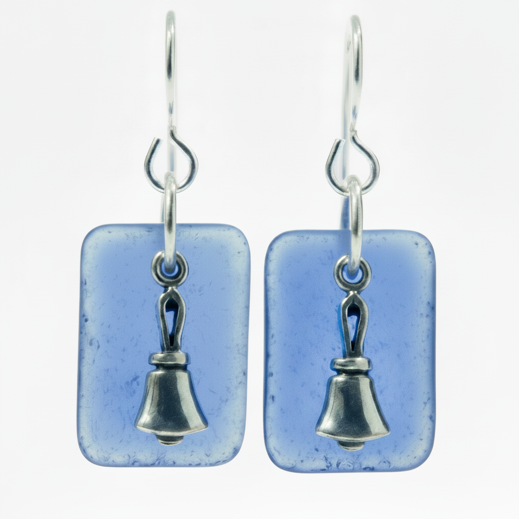Handbell earrings with translucent cornflower blue glass and sterling silver charm