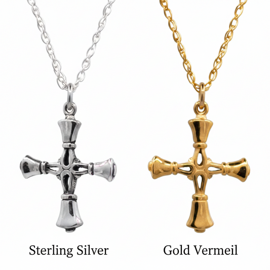 Handbell Cross Charm with Chain in Sterling Silver and Gold Vermeil – Handcrafted in Arizona
