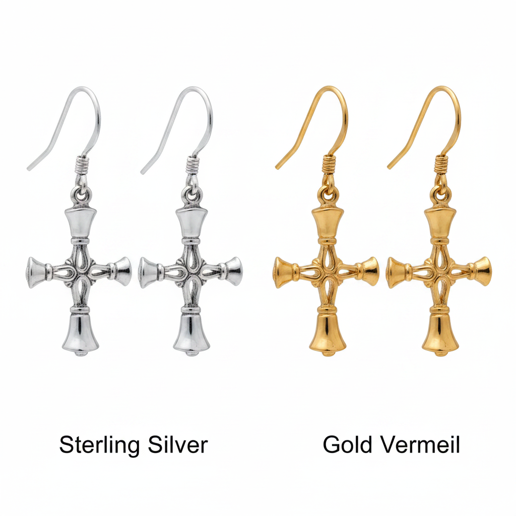 Handbell Cross Charm in Sterling Silver and Gold Vermeil on a white background – Handcrafted in Arizona