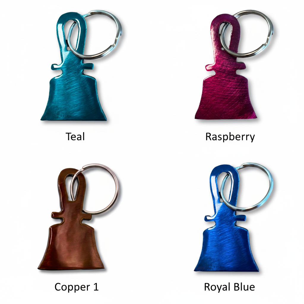 Handbell metal keyring in four colors: teal, raspberry, copper, and royal blue – Handbell Services