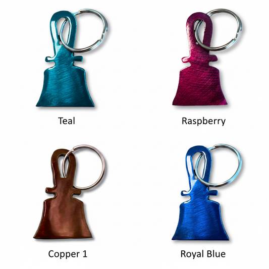 Handbell metal keyring in four colors: teal, raspberry, copper, and royal blue – Handbell Services