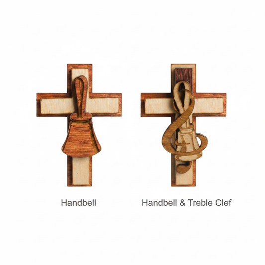 Little Wooden Cross Magnet – both designs side by side: Handbell (left) and Handbell & Treble Clef (right), laser-cut birch wood, handcrafted in Indiana
