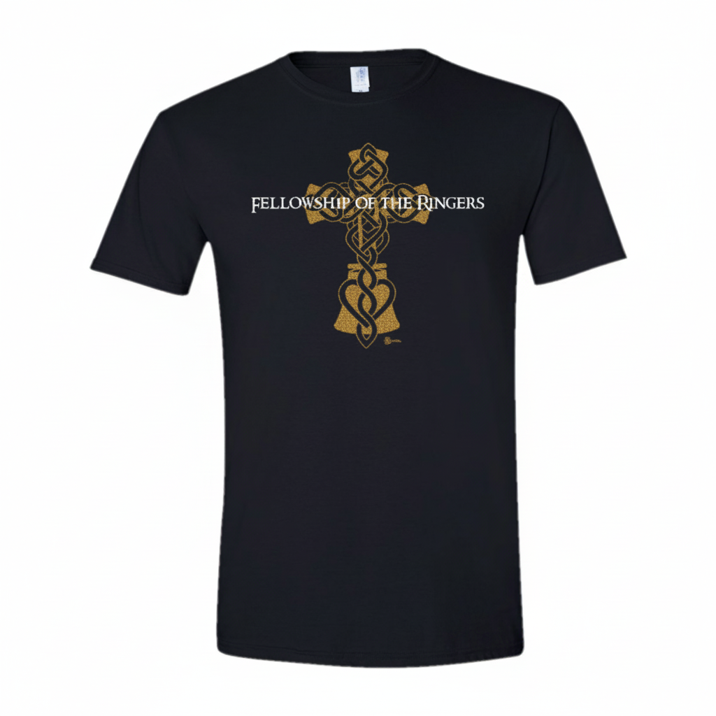 Handbell T-shirt Fellowship of the Ringers - Black with brass glitter cross