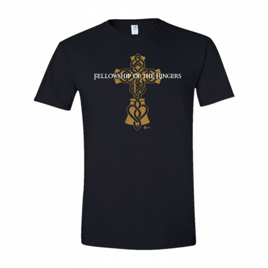 Handbell T-shirt Fellowship of the Ringers - Black with brass glitter cross
