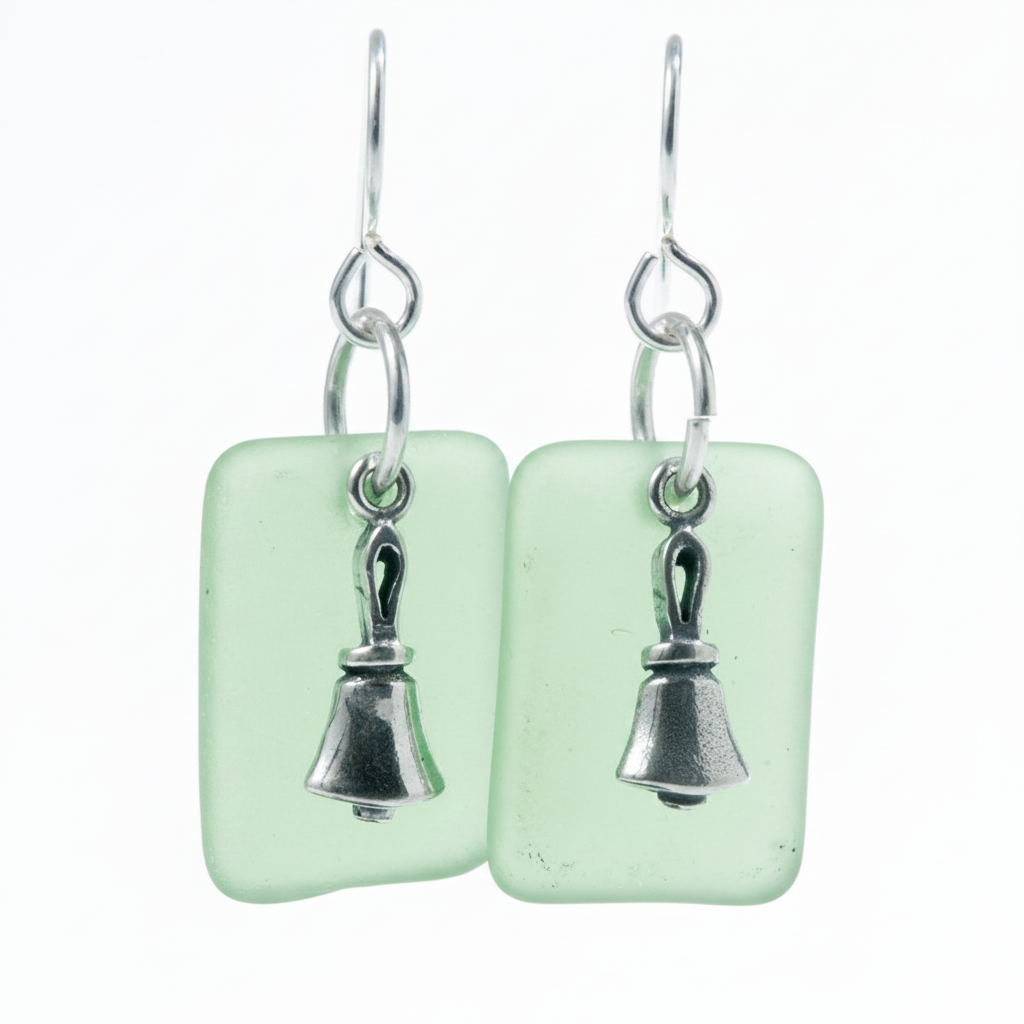 Handbell earrings with translucent lime green glass and sterling silver charm