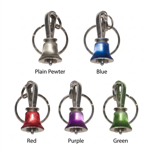 Pewter handbell keyring composite with Plain Pewter and Blue above Red, Purple, and Green