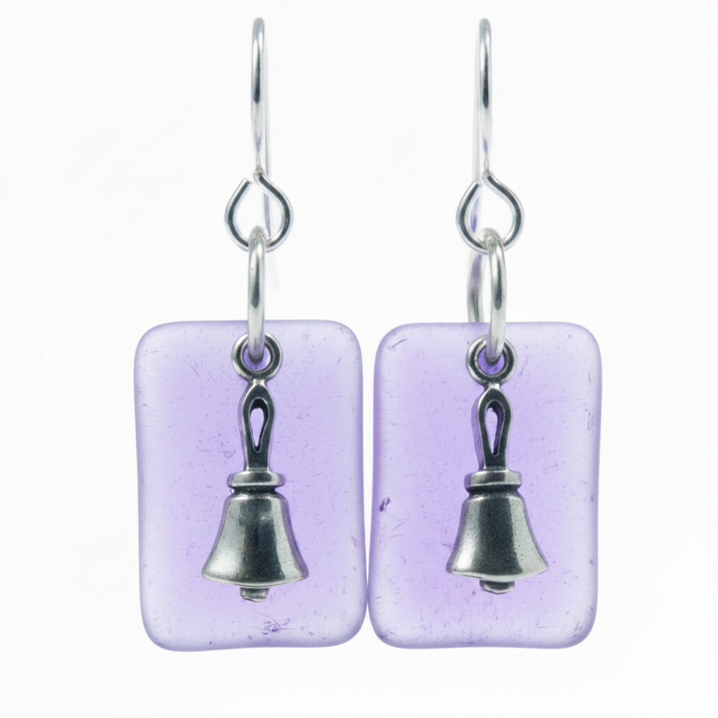 Handbell earrings with translucent alexandrite glass and sterling silver charm