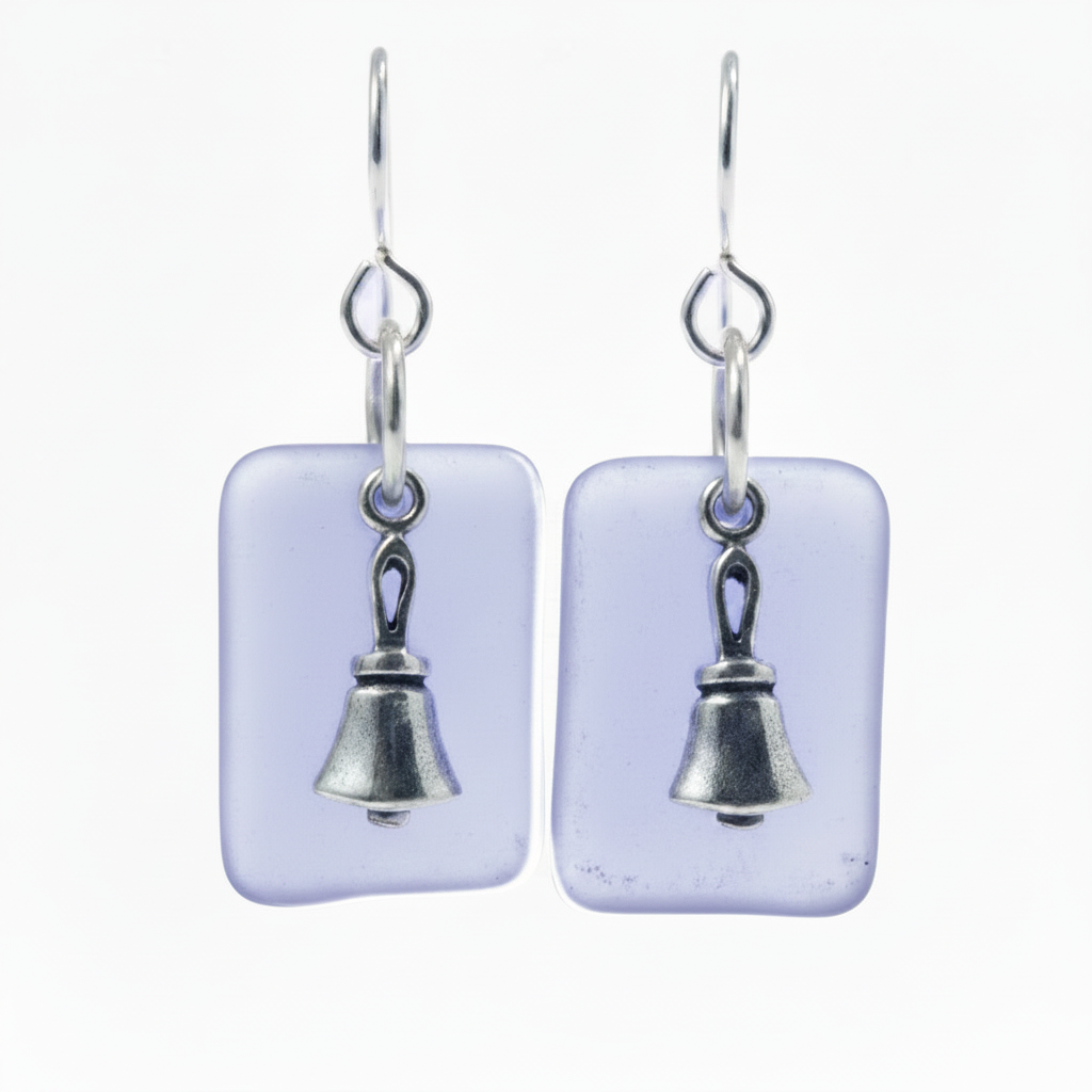 Handbell earrings with translucent lime green glass and sterling silver charm