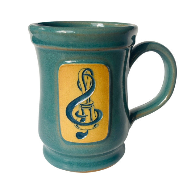Light Teal mug: Handbell Stoneware Mug – Light Teal glaze with Handbell Services medallion – Deneen Pottery
