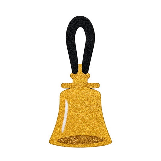 Gold handbell metal art magnet with a black loop handle and painted white highlight