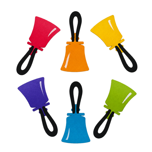 Six mini handbell magnets in pink, orange, yellow, purple, blue, and green, each with a black loop handle.