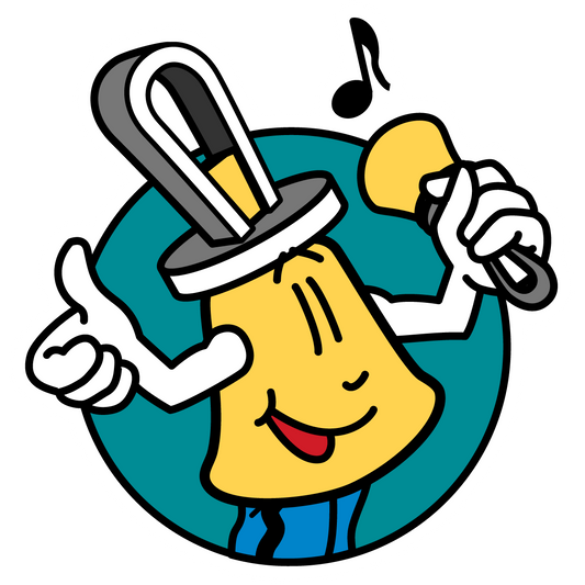 Bellman character decal — cartoon handbell with top hat and thumbs-up, teal circular background