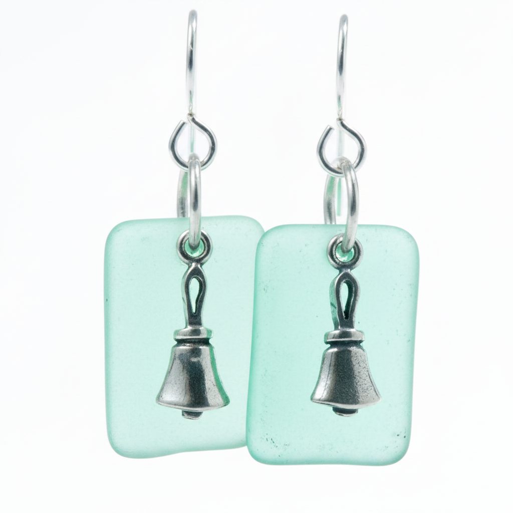  Handbell earrings with translucent capri blue glass and sterling silver charm