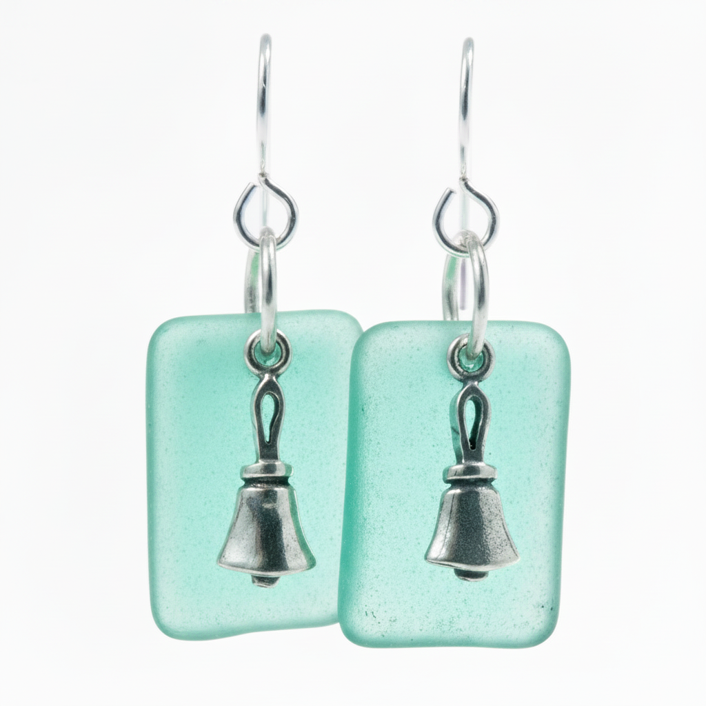 Handbell earrings with translucent teal glass and sterling silver charm