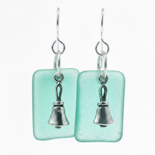 Handbell earrings with translucent teal glass and sterling silver charm