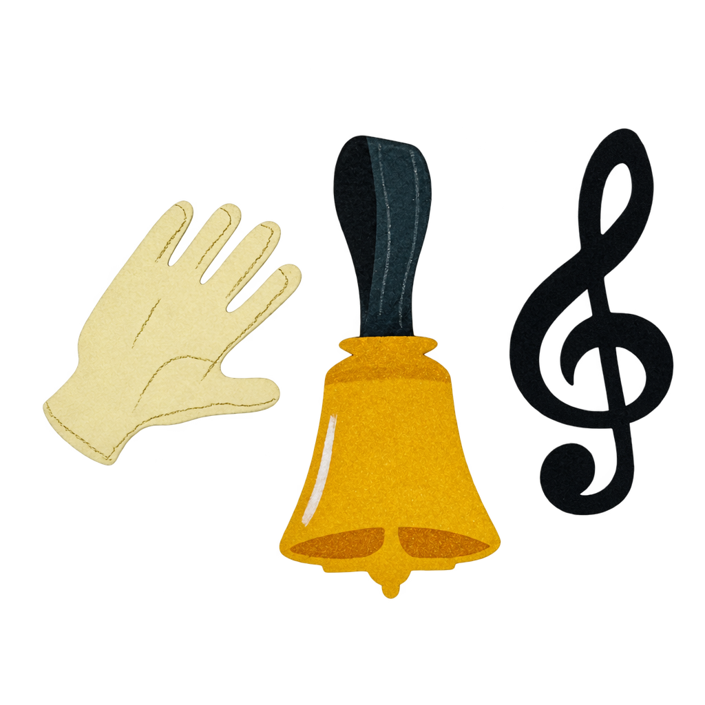 Three metal art magnets: a cream glove, a gold handbell with a black handle, and a black treble clef.