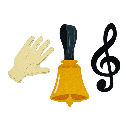 Three metal art magnets: a cream glove, a gold handbell with a black handle, and a black treble clef.
