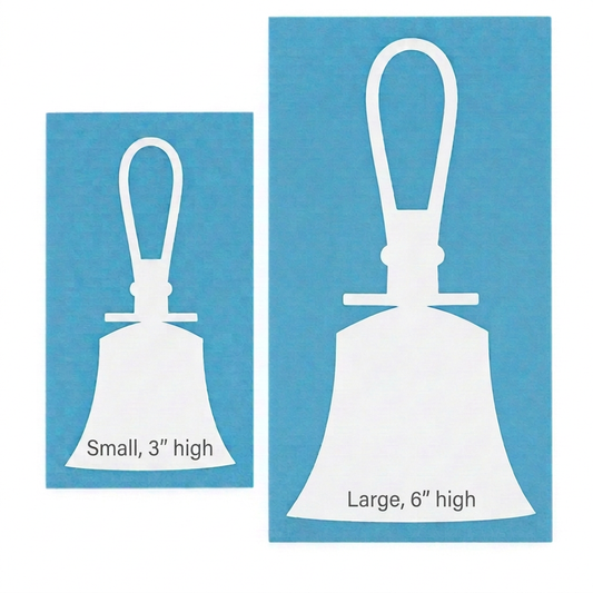 White handbell decals on blue backgrounds, labeled Small, 3 inches high and Large, 6 inches high