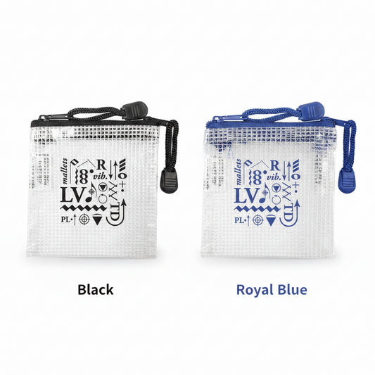 Zip Tech Bag in Black and Royal Blue – translucent PolyWeave zip pouch with handbell Techniques design, 4x4 inches