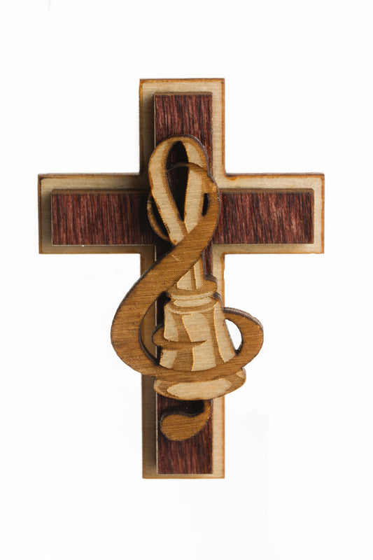 Wooden Cross Magnet - treble clef and bell