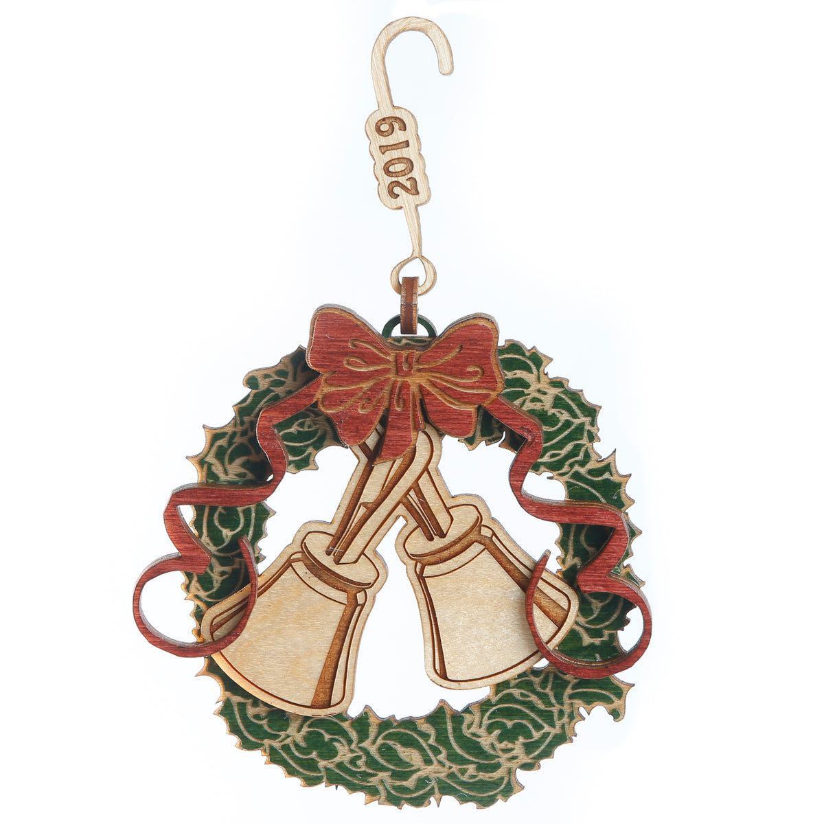 Wooden Ornament - handbells & holly