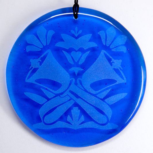 Glass Window Art Medallion - handbells and floral design, blue