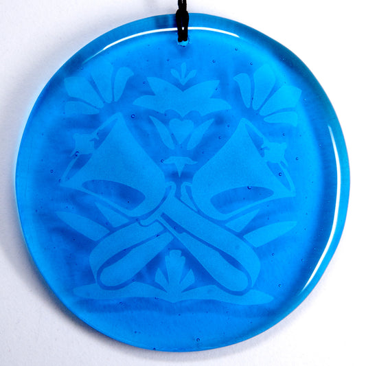 Glass Medallion - fused and etched, blue